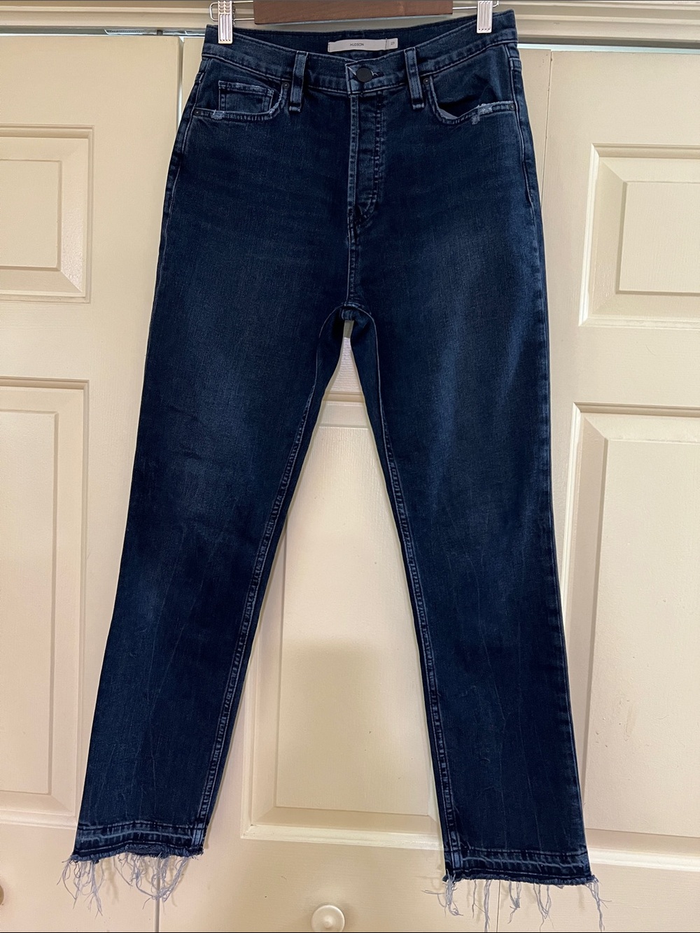 Hudson Holly BSN Jeans Slim Straight Dark Indigo FrayedHem Distressed Button Fly